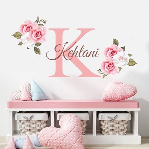 Name Initial Roses Wall Decal | Kids Wall Decor | Custom Name Removable Nursery Decal for Girl | Flower Mural Sticker for Girls Bedroom | Flowers Sticker Decor image