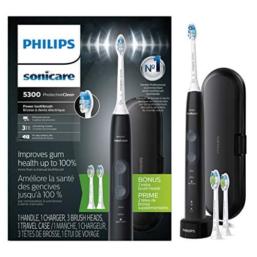 Philips Sonicare ProtectiveClean 5300 Rechargeable Electric Toothbrush, with Pressure Sensor, 3 Cleaning Modes, SmarTimer and QuadPacer, with 2 Bonus Brush Heads, Travel Case, Black, Model HX6423/34 image