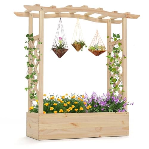 Giantex Raised Garden Bed with Sided Trellis & Hanging Roof, Wood Planter Box, Freestanding Garden Planter Raised Bed for Flowers Herbs Climbing Vines 44”x14”x45” (L x W x H) image