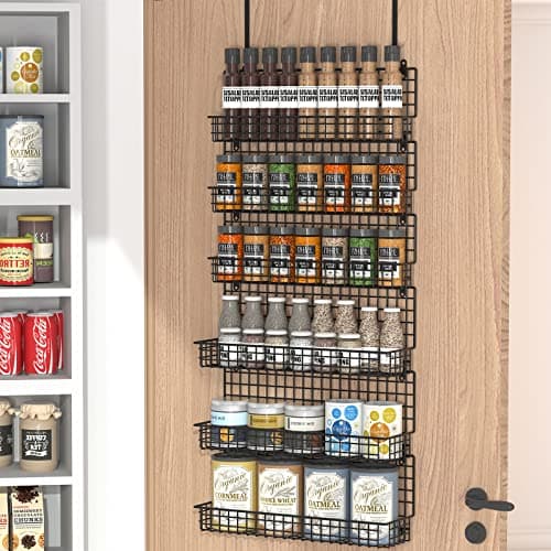 JKsmart 6-Tier Spice Rack Organizer with Door Hook, Wall Mounted & Over the Door Spice Racks for Kitchen Pantry Door Cabinet, Two Size, Large Capacity, Black image