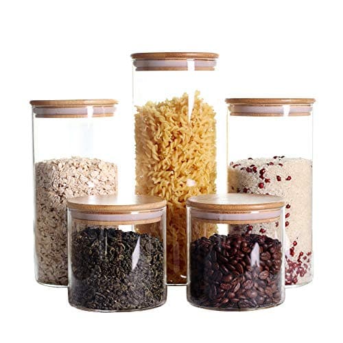 LEAVES AND TREES Y Stackable Kitchen Canisters Set, Pack of 5 Clear Glass Food Storage Jars Containers with Airtight Bamboo Lid for Candy, Cookie, Rice, Sugar, Flour, Pasta, Nuts image