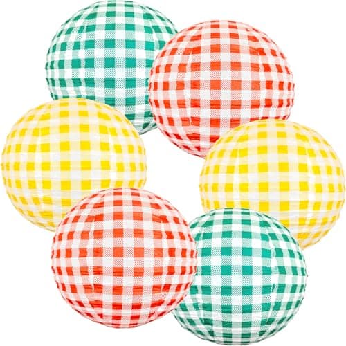 Picnic Decorations Red Paper Lanterns Checkered Round Hanging Lanterns for I Do BBQ Decorations Birthdays Holidays Picnic Party Supplies Red Yellow Green Plaid Paper Lanterns 6 Pieces image