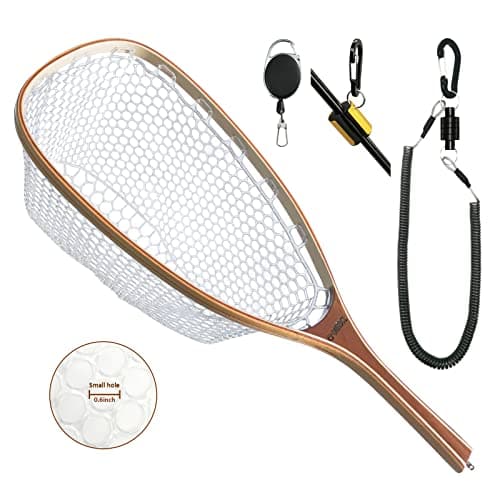 ONROCL Fly Fishing Net Trout Net with Magnetic Release and Rod Holder Wooden Frame Landing Net with Soft Rubber Mesh for Catch and Release (Clear Small Holes) image