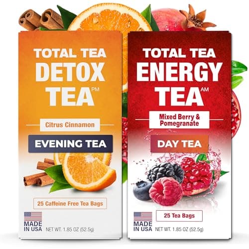 Total Tea Detox Tea & Energy Tea Set - 25 Day Detox Tea - Herbal Slim Tea with Chamomile - Hibiscus Tea and Ginger Root for Colon Cleanse – Natural Citrus & Cinnamon Herbal Tea for Digestive Health (25-Pack, Detox & Energy Tea) image