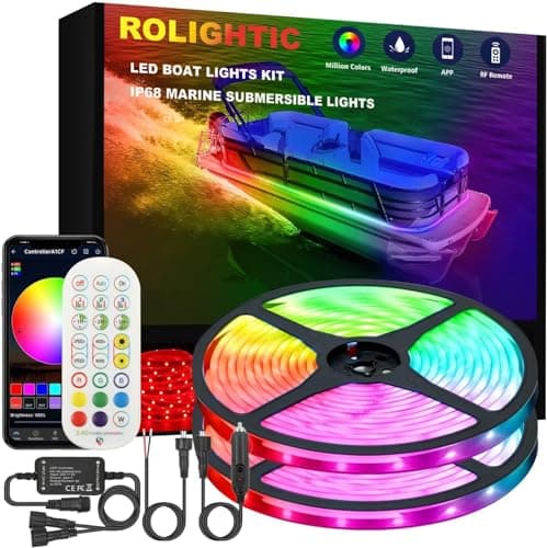 ROLiGHTiC Marine Submersible Boat LED Strip Lights, 66FT IP68 Waterproof Underwater Boat RGB Lights, Boat Deck Lights, Under Boat Lights for Night Fishing Pontoon Boats, RF/APP Control image