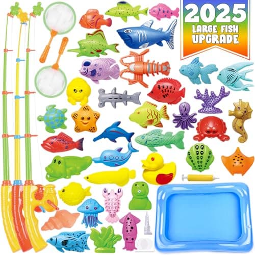 CozyBomB™ Magnetic Fishing Toys Game Set for Kids | Water Table Bathtub Kiddie Pool Party & Pole Rod Net, Plastic Floating Fish Toddler Color Ocean Sea Animals Birthday Age 3 4 5 6 Year image