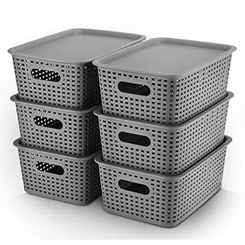 AREYZIN Plastic Storage Baskets Bins With Lid Organizing Container Lidded Knit Storage Organizer Bins for Shelves Drawers Desktop Closet Playroom Classroom Office, 6 Pack image