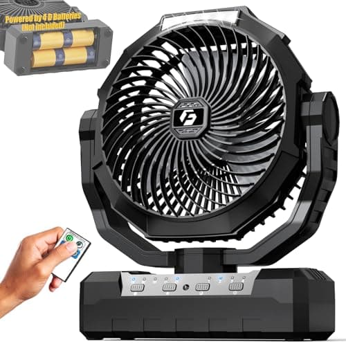 Battery Operated Fan [200H Max], 2 in 1 D-Cell Battery & USB Powered Fans, Portable Camping Fan with 4 Speeds, Light, Timer, Remote for Outdoor Tent, Travel, Picnic, Office, Bedroom - Black image