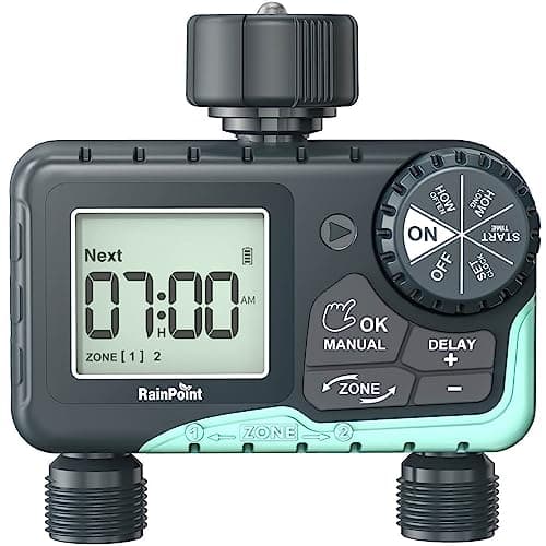 RAINPOINT 2 Zone Water Timer for Garden Hose - Sprinkler With Rain Delay, Manual Watering, Automatic Irrigation Controller System - Programmable Faucet Timer for Yard Lawn image
