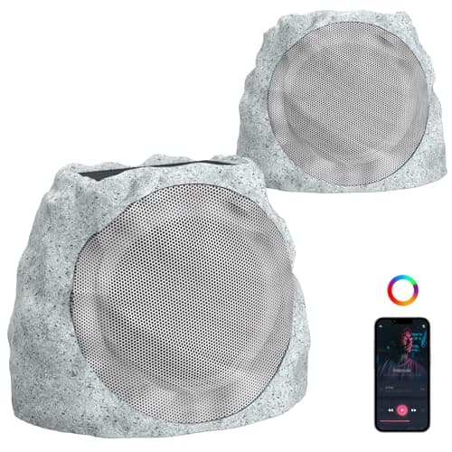 JMJEAN Outdoor Rock Speakers with Lights Show Portable Speakers Bluetooth Wireless Outdoor Speaker Weatherproof Solar Powered and Rechargeable Rock Speaker for Patio Pool, Backyard Marble 2pack image