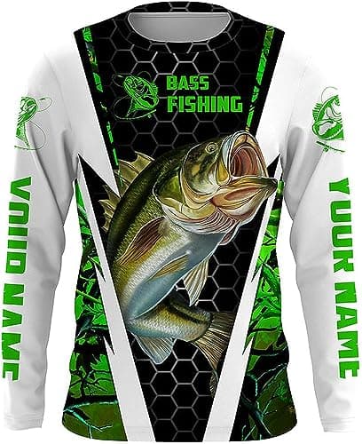 Personalized Bass Fishing Long Sleeve Shirts for Men, Hooded Shirts, Camo Green Largemouth Fishing Shirt, for Dad image
