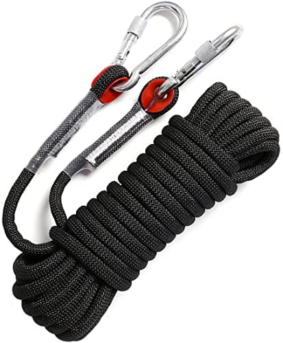 GINEE 10mm Rock Climbing Ropes 35FT Static Outdoor Safety Rope with Carabiner Arborist Tree Climb Rescue Grappling Lifeline Escape Descender Abseiling Rope Magnet Fishing Rope Black image
