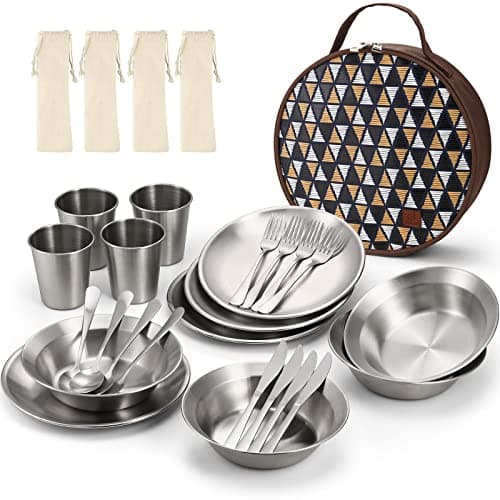 Odoland Stainless Steel Camping Dinnerware - Messware Kit with Plates, Bowls, and Cutlery Organizer for Backpacking, Hiking, Picnic image