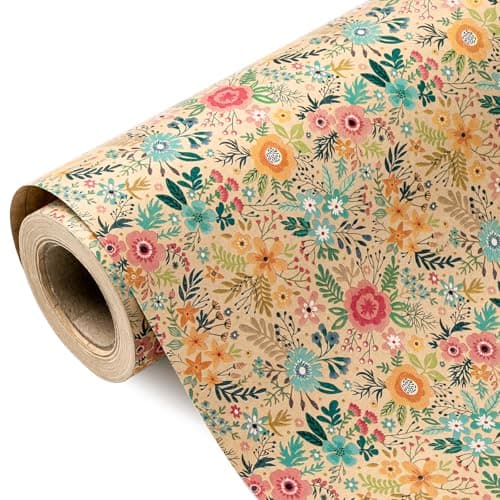 WRAPAHOLIC Kraft Floral Wrapping Paper Roll - Mini Roll - 17 Inch x 33 Feet - Spring Summer Garden Flower Design Perfect for Wedding, Bridal Shower, Birthday image