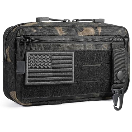 FRTKK Tactical Molle Admin Pouch Utility Laser Cut EDC Tool Pouch Bag Horizontal Modular Pouches Include US Flag Patch and Keychain (Black camo) image