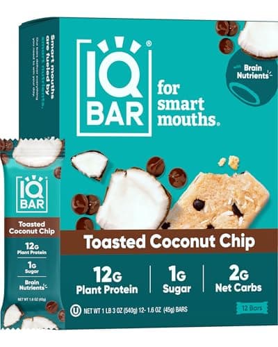 IQBAR Brain and Body Plant Protein Bars - Toasted Coconut Chip - 12-Count Low Carb - Gluten Free, High Fiber, Vegan Snacks - Low Sugar Meal Replacement image
