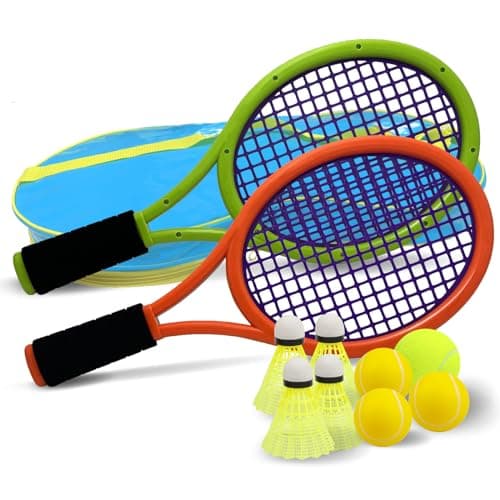 Crefotu Tennis Racket Set for Children, 17 Inch Racquet with 3 Soft Balls, 1 Tennis Ball and 4 Badminton Balls for Toddler Indoor/Outdoor Sports image