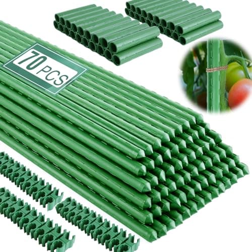 Fabulas Garden Stakes 16 Inch 70 Pack, Diy 4ft 5ft 6ft 7ft 8ft Tomato Stakes Plastic Coated Metal Plant Sticks Stakes Supports with 40 Connectors 30 Rotatable Clips for Indoor Outdoor Plants Vegetable image