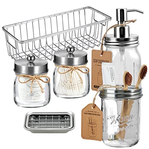 SheeChung 6Pcs Mason Jars Bathroom Accessories Set - Toothbrush Holder, Soap Dispenser, Qtip Holders, Soap Dish, Wire Paper Storage, Farmhouse Decor (Brushed Nickel, 6Pcs Bathroom Organizers Set) image