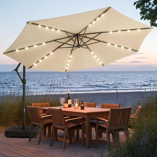 wikiwiki 10FT Solar Patio Offset Umbrella with Base Included, Outdoor Cantilever Umbrella Hanging Umbrellas with Weighted Sandbag Base, Market Patio Umbrella for Backyard, Garden & Deck, Beige image