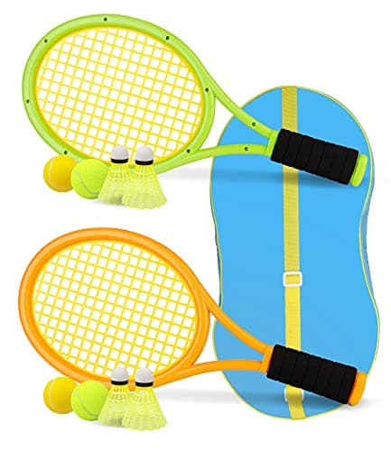 Kids Tennis Racket,17 Inch Plastic Tennis Racket with 2 Soft Balls,2 Tennis Balls and 4 Shuttlecocks for Kid,Toddler Outdoor/Indoor Sport Play (Orange & Green) image