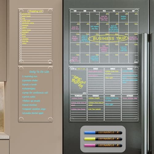 JJPRO Non Magnetic Dry Erase Calendar for Fridge-Reusable Monthly&Weekly Planning Board, List and Blank Board for All Smooth Surfaces. Clear Reusable Board Sticks to Fridge,Wall,Door&Glass image