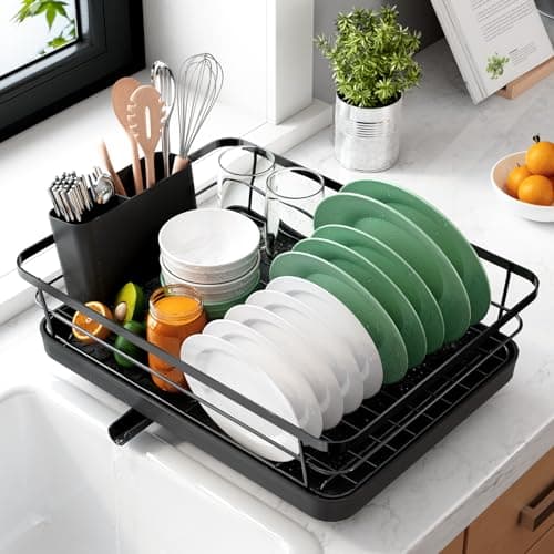 Kitsure Dish Drying Rack- Space-Saving Dish Rack, Dish Racks for Kitchen Counter, Stainless Steel Kitchen Drying Rack with a Cutlery Holder, 12''W x 15''L, Black image