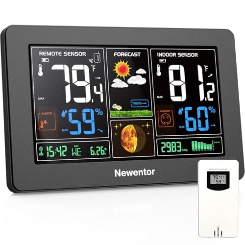 Newentor Weather Station Wireless Indoor Outdoor Thermometer, Color Display Digital Weather Thermometer with Atomic Clock, Barometric Pressure, Forecast Station with Adjustable Backlight, Black image