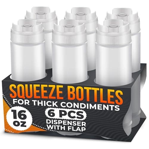 BURIUS Set of 6 Condiment Squeeze Bottles for Sauces 16 oz – Self-Closing Valve, Easy-to-Fill Clear Design | Ready-to-Dispense for Dressings, Condiments, and Sauces | Durable and Convenient image