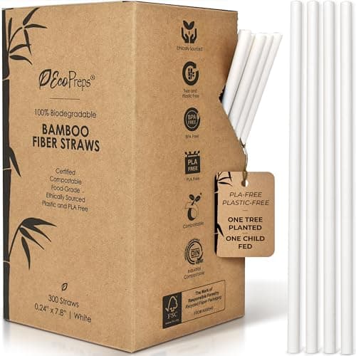 EcoPreps Biodegradable Bamboo Fiber Straws | 300 Count, 100% Compostable, Plastic-Free, Eco-Friendly Drinking Straw | 7.8'' Plant Fiber Disposable Straws, White Straw | Durable for Warm & Cold Drinks image