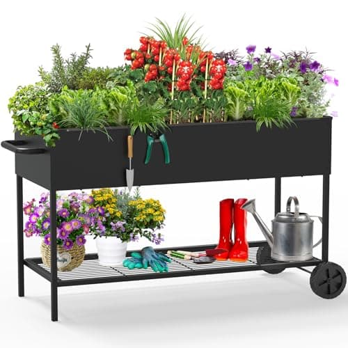 JWPEHOE 51 × 26 × 32 Inches Raised Garden Bed with Legs/Storage Shelf, Mobile Planter Box for Outdoor Plants, Elevated Garden Bed for Backyard, Balcony, Black image