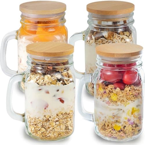 Overnight Oats Containers with Lids Set of 4, 16 Oz Yogurt Parfait Cups with Bamboo Lids, Glass Oatmeal Mason Jars, Chia Seed Pudding Jars, Food Storage Containers for Cereal, Snacks, Spice, Sugar image