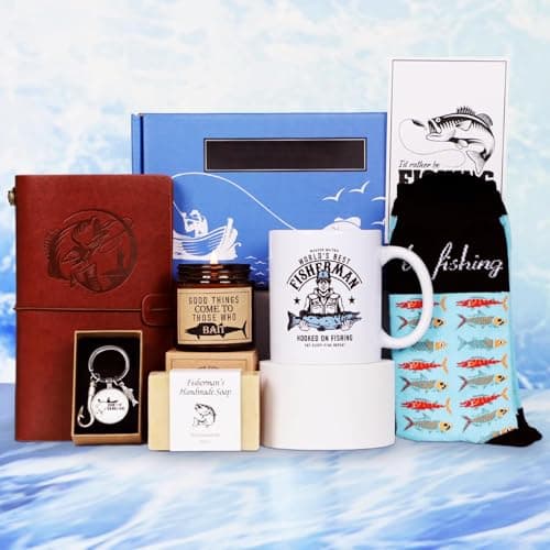 Gifts Set for Men,Dad Gift Box from Son Daughter,Fishing Fisherman Gifts for Father's Day Birthday Cool Funny Basket Present Friend with Ceramic Coffee Wine Mug Cup, Notebook, Scented Candle image