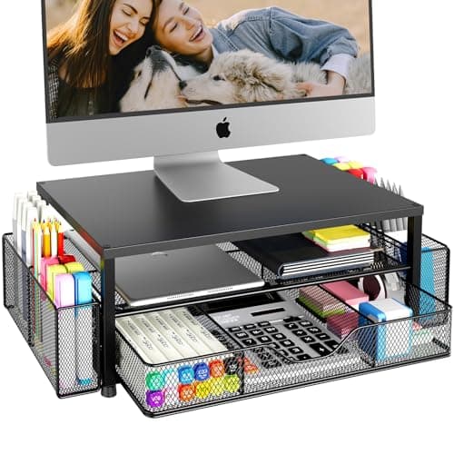 OPNICE Desk Organizers and Accessories, 2-Tier Computer Monitor Stand for Desk Organizer with Drawer and 2 Pen Holders, Office Desk Accessories Workspace Desktop Organizers for Office Supplies, Black image