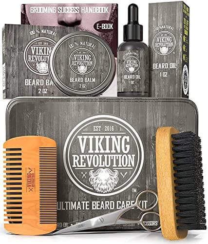 Viking Revolution Beard Care Kit for Men - Kit includes 100% Boar Beard Brush, Wooden Comb, Beard Balm, Beard Oil, Beard & Mustache Scissors in a Metal Box image
