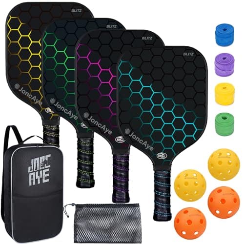 JoncAye Pickleball Paddles Set of 4 Fiberglass Rackets and Balls, Racquet Case, Overgrip, Mesh Bag, USAPA Approved Pickle-Ball Kit for Women, Men, Lightweight Starter Set for Kids, Adults image