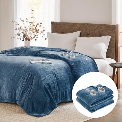 Degrees of Comfort Advanced MicroPlush Electric Blanket King Size Dual Control, W/Auto Shut Off, Large Fleece Heating Blankets for Bed & Living Room | Machine Washable | UL Certified - King, Blue image