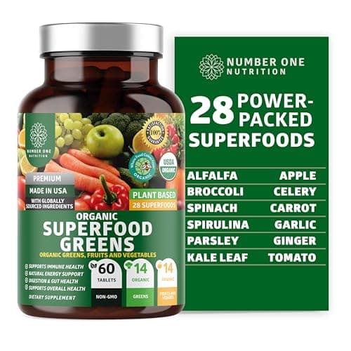 Certified Organic Superfood Greens [28 Powerful Ingredients] Natural Super Greens Capsules, Fruit and Veggie Supplement with Alfalfa, Beet Root and Ginger to Support Energy and Immunity, Made in USA image