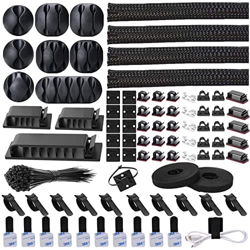 N NOROCME 192 PCS Cable Management Kit 4 Wire Organizer Sleeve,11 Cable Holder,35Cord Clips 10+2 Roll Cable Organizer Straps and 100 Fastening Cable Ties for Computer TV Under Desk, black,clear image
