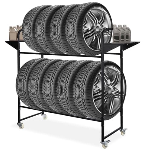 Neorexon Tire Storage Rack 57" x 55.1" x 20", Rolling Tire Rack Adjustable, Tire Rack for Garage Black w/4 Swivel Casters & 2 Storage Shelf for Garage Storage image