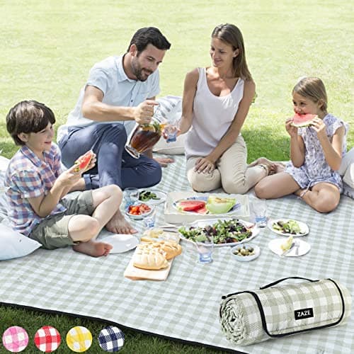 ZAZE Extra Large Picnic Outdoor Blanket, 80''x80'' Waterproof Foldable Blankets Gingham Picnic Mat for Beach, Camping Grass Lawn Park Accessories Cute Couple Gifts Ideas Wedding Registry(Green White) image
