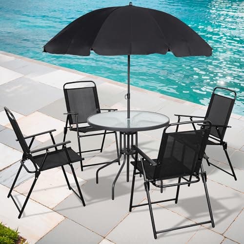 Shintenchi 6 Piece Patio Dining Set with Umbrella, Outdoor Furniture Set with 4 Folding Chairs and Tempered Glass Top Dining Table for Lawn Backyard Garden Porch Black image