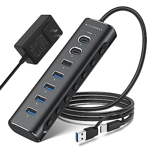 Powered USB Hub, Rosonway 7-Port USB 3.2/USB C Hub with 10Gbps USB-A 3.2, 2 USB-C 3.2, 4 USB 3.0 Ports, Individual Switches and 12V Power Adapter, Aluminum USB Port Expander for Laptop/PC, RSH-A107C image