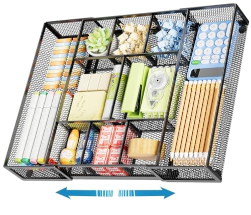 Marbrasse Expandable Desk Drawer Organizer, Mesh Drawer Organizer Tray with 10 Adjustable Compartments, Desk Organizers and Accessories, 5 Dividers Drawer for Office Supplies, Makeup & Vanity (Black) image