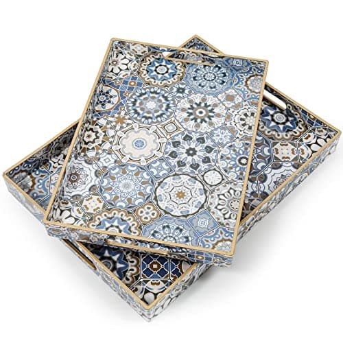 AGIOTA 2 Pcs Serving Tray with Handles Bohemian Decorative Tray Large Ottoman Tray for Living Room Blue Coffee Table Tray image