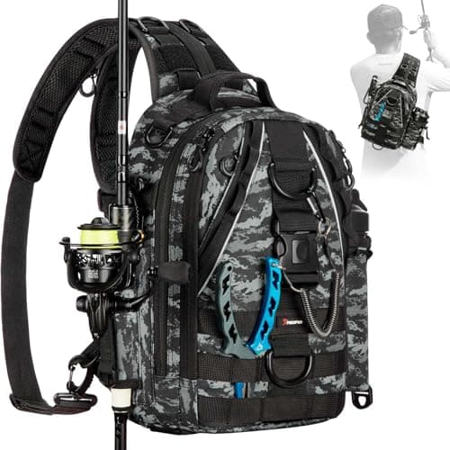 Piscifun Fishing Tackle Backpack with Rod & Gear Holder - Lightweight Outdoor Water-Resistant Fishing Shoulder Storage Bag, Black Camouflage image