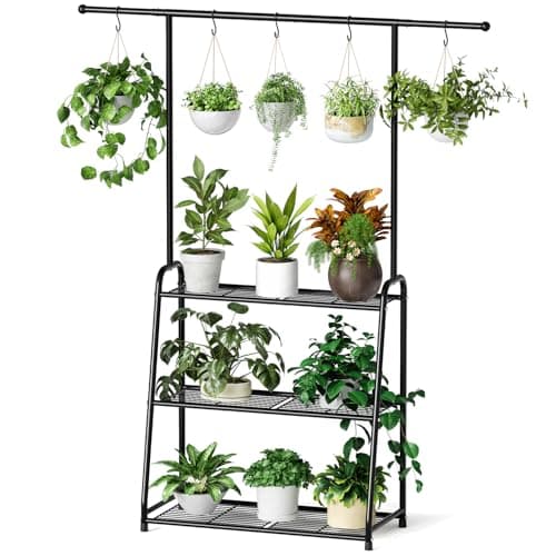 3-Tier Metal Plant Stand for Indoor and Outdoor Use, Hanging Plant Shelf for Multiple Flower Planter Holder, Tall Large Rack Ideal for Living Room, Garden, Balcony, Black image