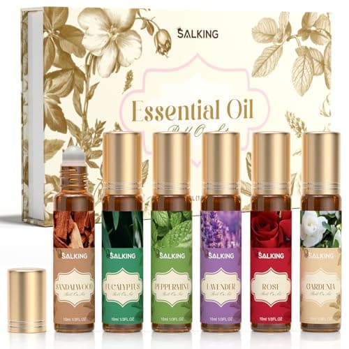 SALKING Essential Oils Roll On Set (6 Pack), Aromatherapy Oil with Roller Ball for Skin Use, Natural Fragrance Gift for Women and Men - Sandalwood, Eucalyptus, Peppermint, Lavender, Rose, Gardenia image