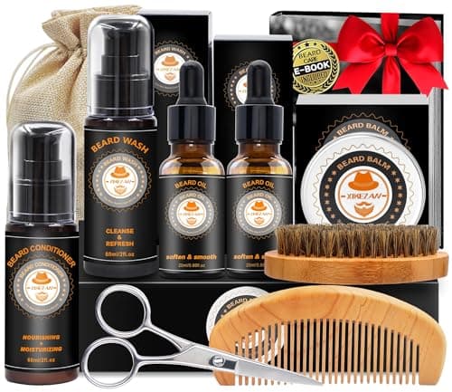 XIKEZAN Beard Grooming Kit w/Beard Conditioner, Oil, Balm, Brush, Wash, Comb, Scissor, Bag, Fathers Day Birthday Gifts Valentines Gifts for Men Him Dad Husband Boyfriend Christmas Stocking Stuffers image