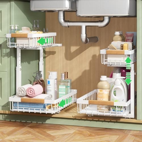 Under Sink Organizer, 2 Packs 2 Tier Under Sink Organizers and Storage, Slide out Pull out Cabinet Organizer Shelf, Metal Sliding Drawer for Kitchen Bathroom Pantry Closet Rack(White) image